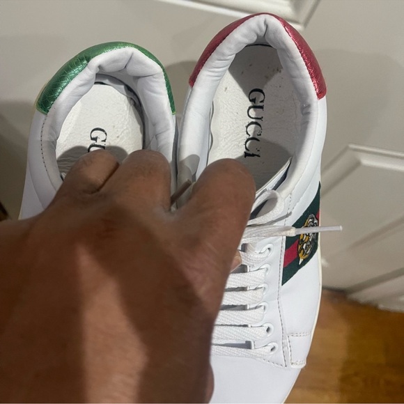 Gucci White Leather Sneakers with Green & Red Stripe and Gold Tiger Patch Sz 7.5 - Picture 9 of 16